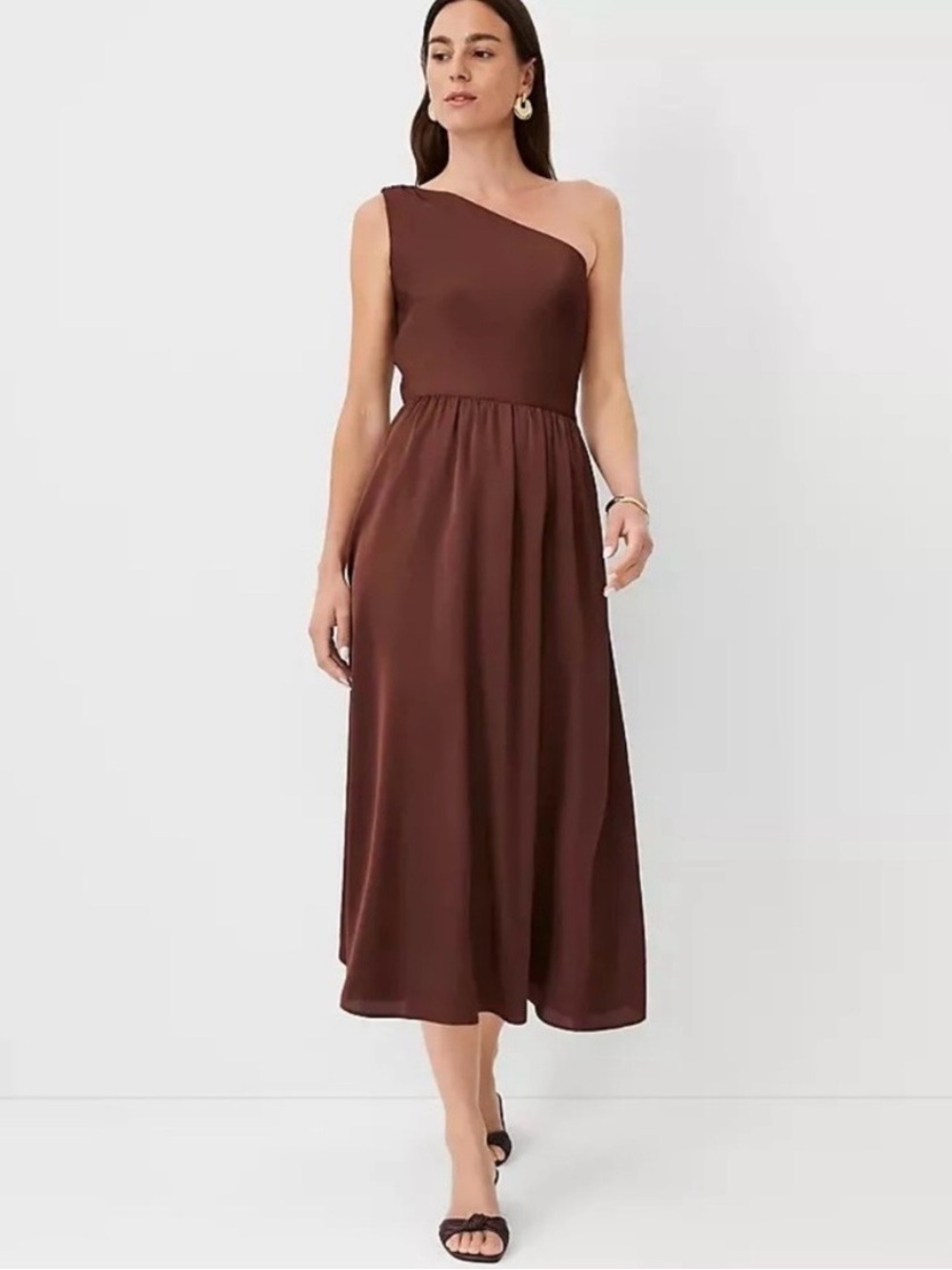 Ann Taylor One-Shoulder Brown Satin Midi Dress